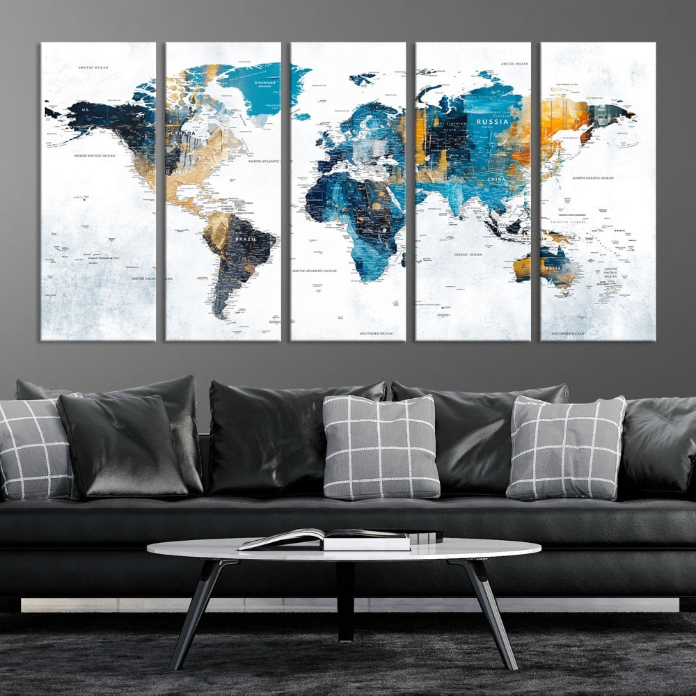 World Map Push Pin Travel Map Detailed Canvas Wall Art Print Multi Panel Artwork