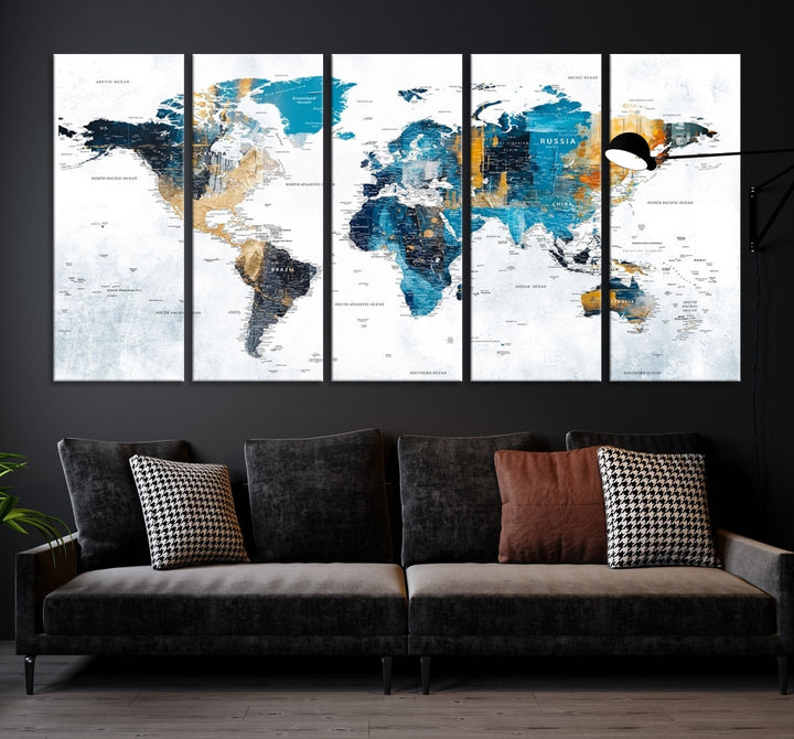 World Map Push Pin Travel Map Detailed Canvas Wall Art Print Multi Panel Artwork