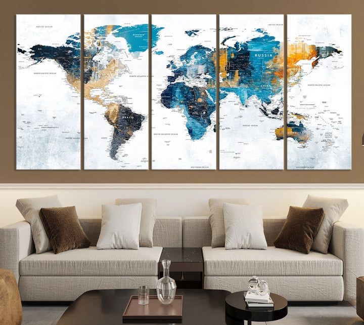 World Map Push Pin Travel Map Detailed Canvas Wall Art Print Multi Panel Artwork