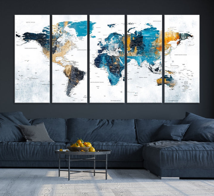 World Map Push Pin Travel Map Detailed Canvas Wall Art Print Multi Panel Artwork