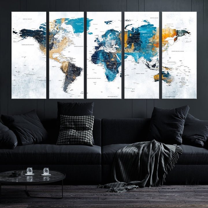 World Map Push Pin Travel Map Detailed Canvas Wall Art Print Multi Panel Artwork