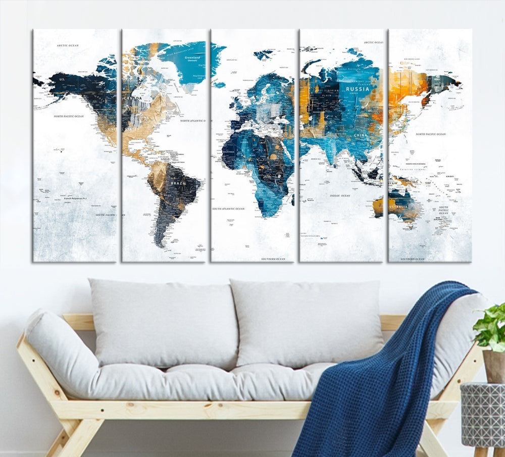 World Map Push Pin Travel Map Detailed Canvas Wall Art Print Multi Panel Artwork