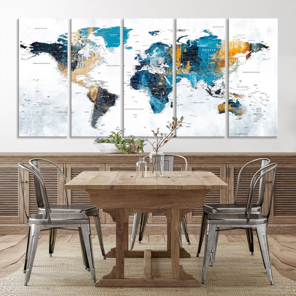 World Map Push Pin Travel Map Detailed Canvas Wall Art Print Multi Panel Artwork