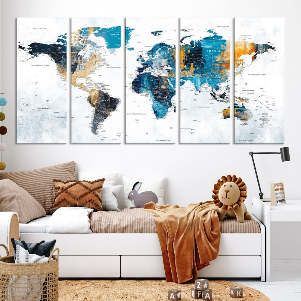 World Map Push Pin Travel Map Detailed Canvas Wall Art Print Multi Panel Artwork