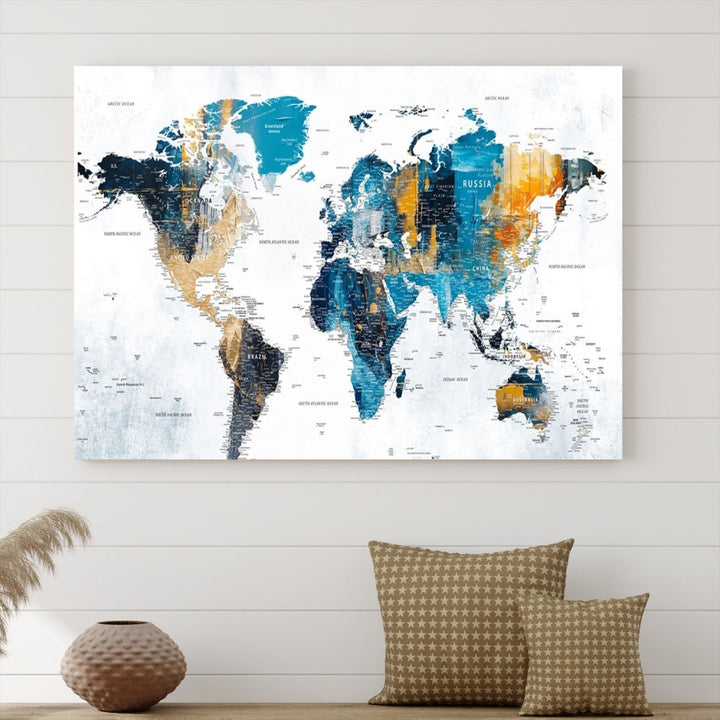 World Map Push Pin Travel Map Detailed Canvas Wall Art Print Multi Panel Artwork