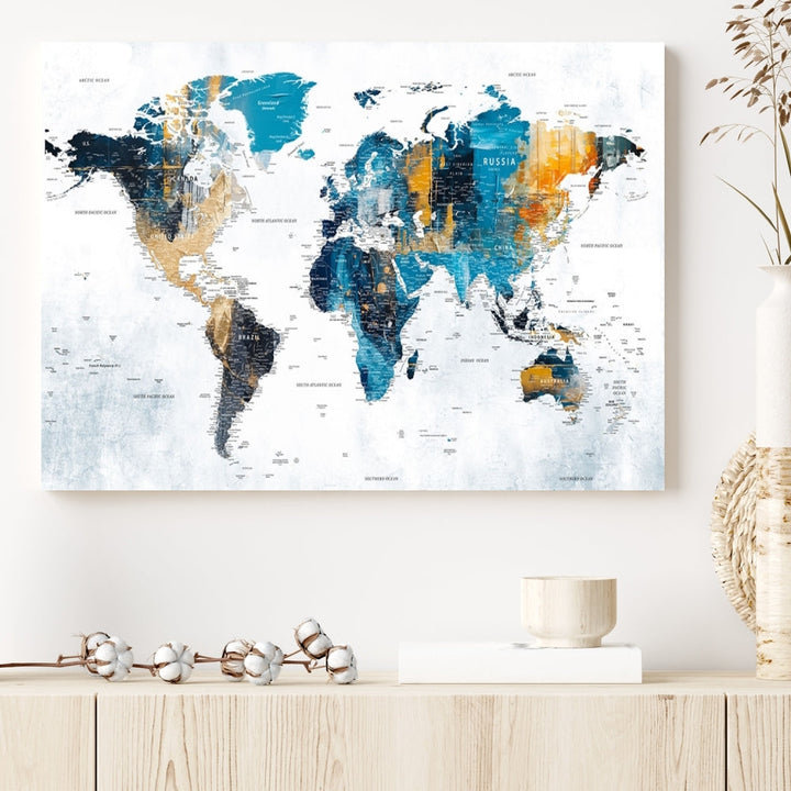 World Map Push Pin Travel Map Detailed Canvas Wall Art Print Multi Panel Artwork