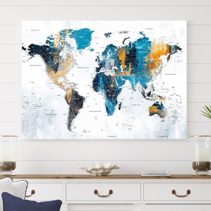 World Map Push Pin Travel Map Detailed Canvas Wall Art Print Multi Panel Artwork