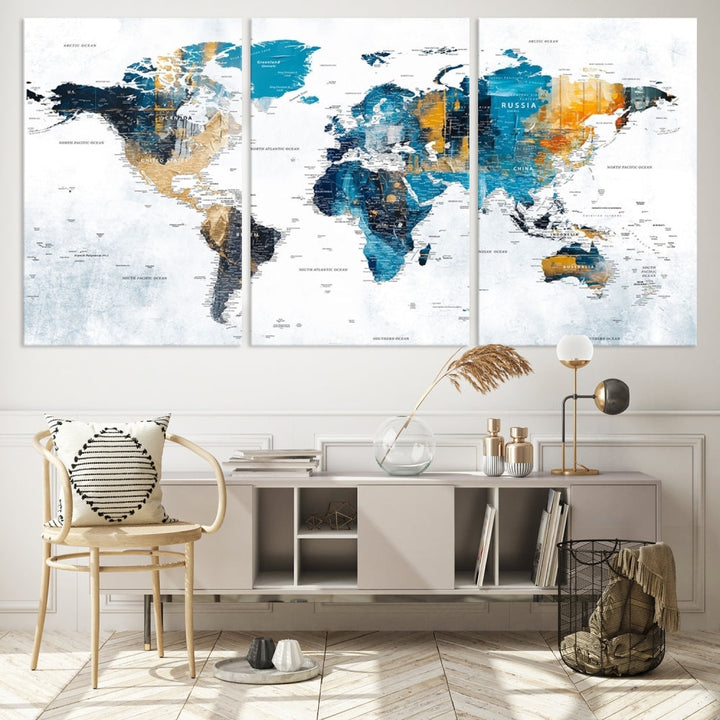 World Map Push Pin Travel Map Detailed Canvas Wall Art Print Multi Panel Artwork