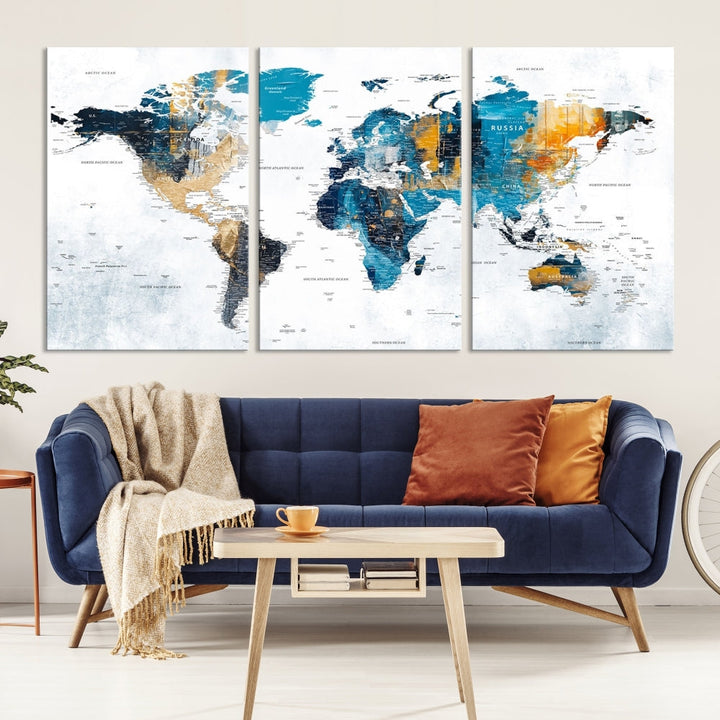 World Map Push Pin Travel Map Detailed Canvas Wall Art Print Multi Panel Artwork