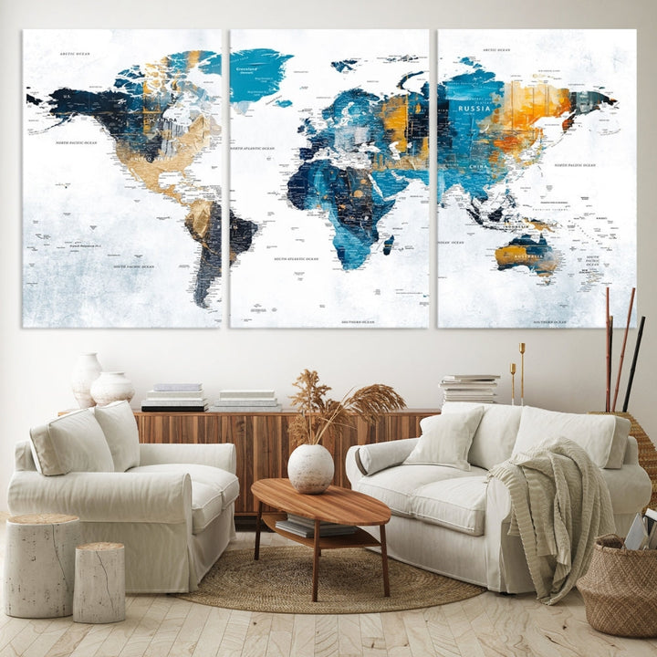 World Map Push Pin Travel Map Detailed Canvas Wall Art Print Multi Panel Artwork