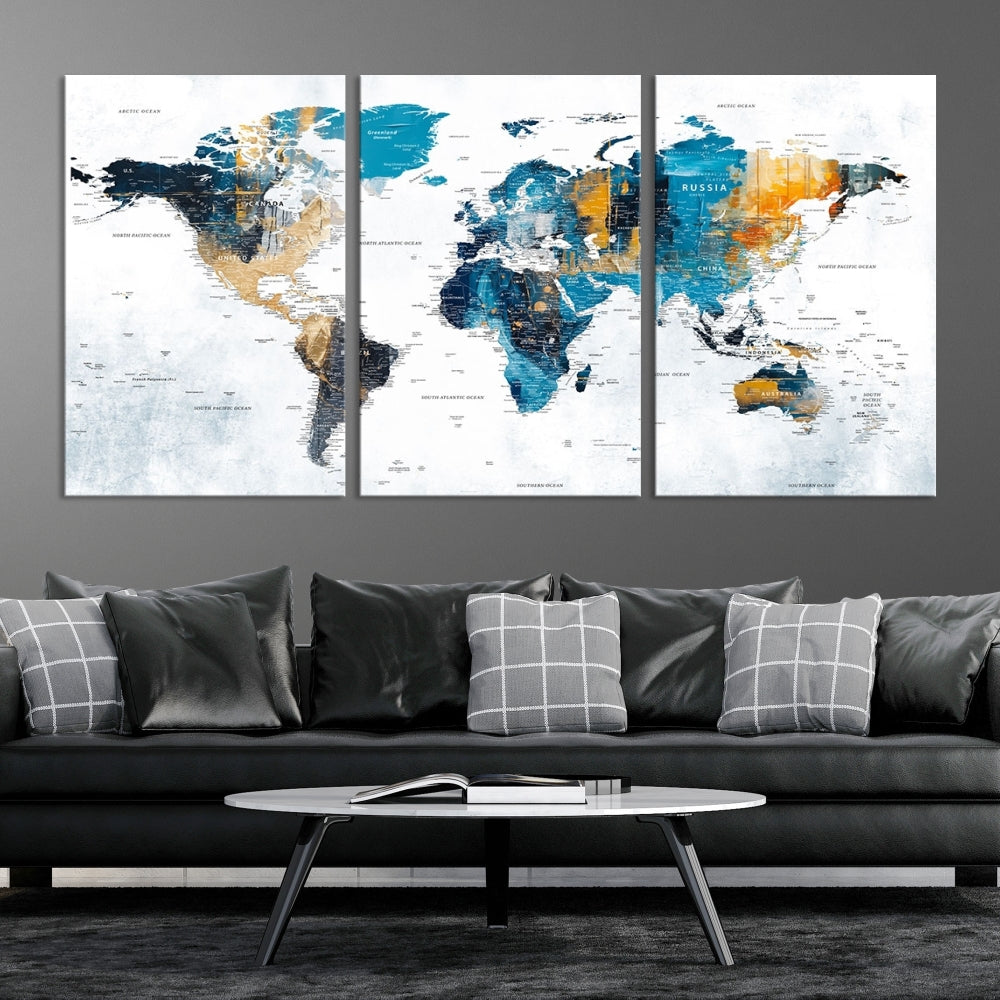 World Map Push Pin Travel Map Detailed Canvas Wall Art Print Multi Panel Artwork