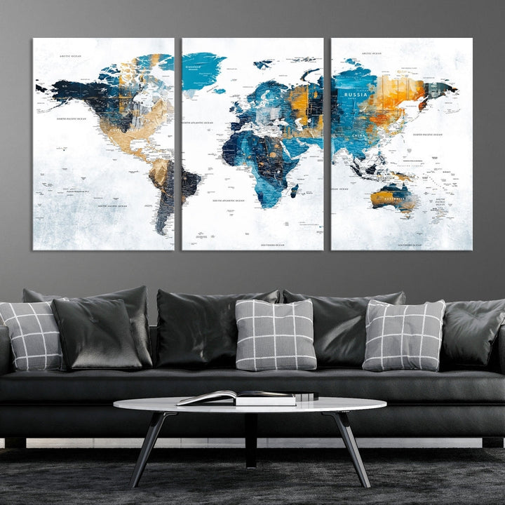 World Map Push Pin Travel Map Detailed Canvas Wall Art Print Multi Panel Artwork