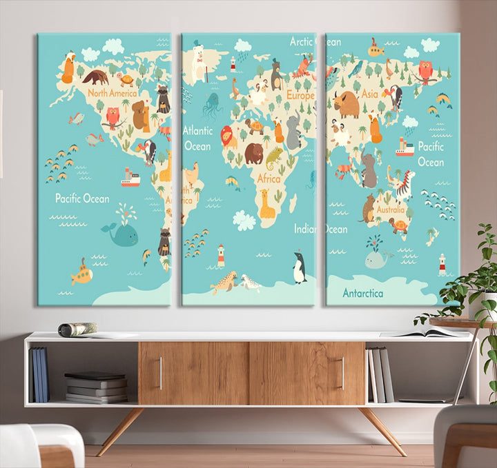 World Map with Animals Wall Art Educational Wall Decor for Kids Map Canvas Print