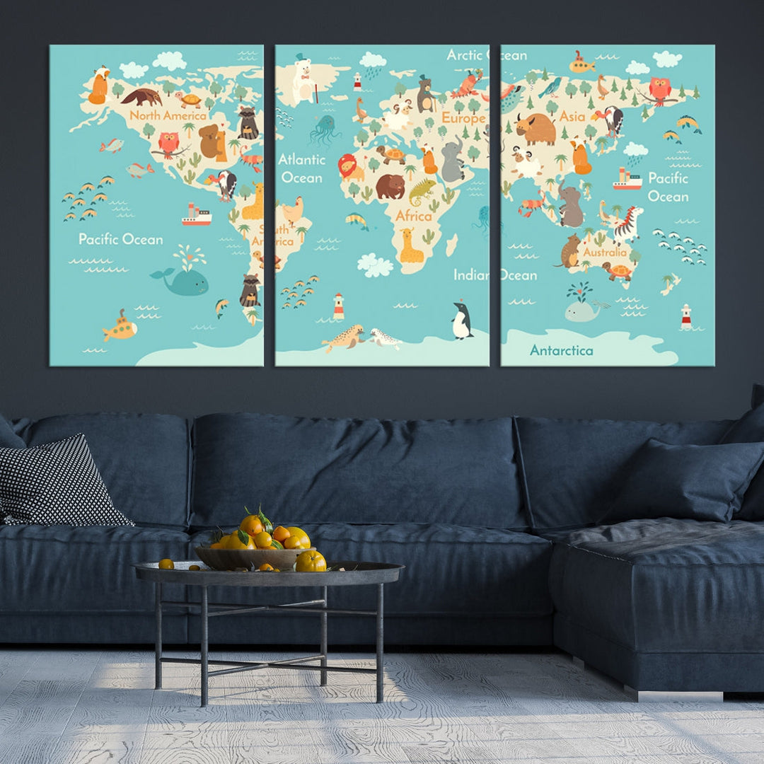 World Map with Animals Wall Art Educational Wall Decor for Kids Map Canvas Print