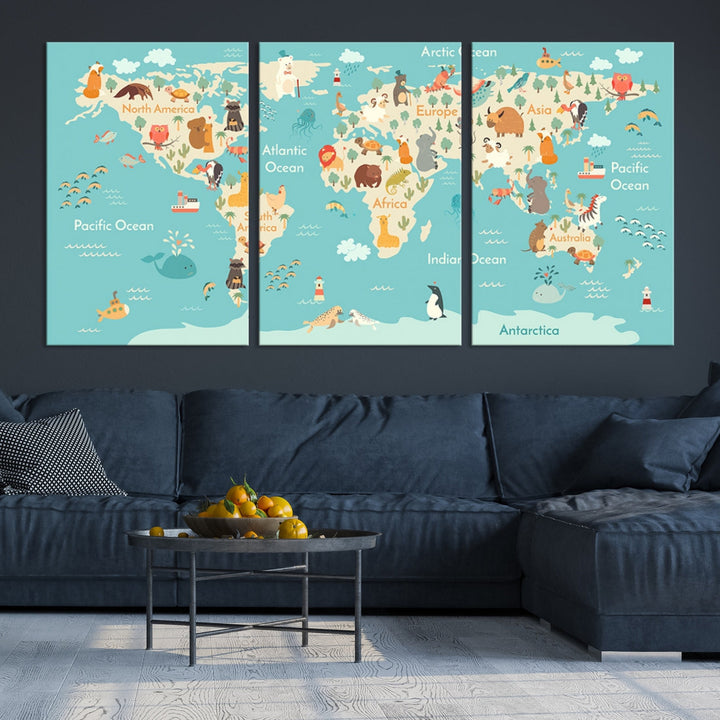 World Map with Animals Wall Art Educational Wall Decor for Kids Map Canvas Print