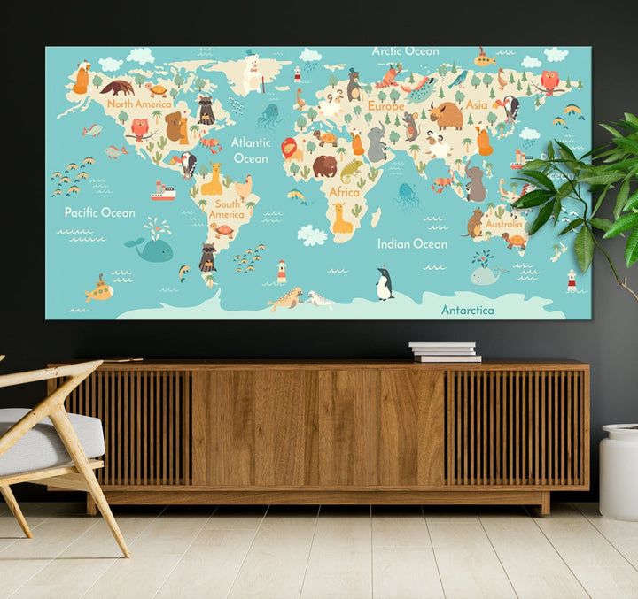 World Map with Animals Wall Art Educational Wall Decor for Kids Map Canvas Print