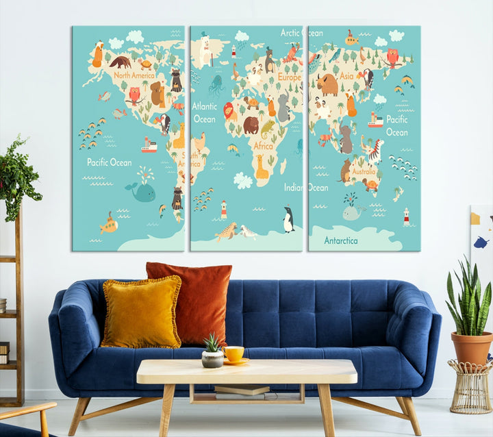 World Map with Animals Wall Art Educational Wall Decor for Kids Map Canvas Print