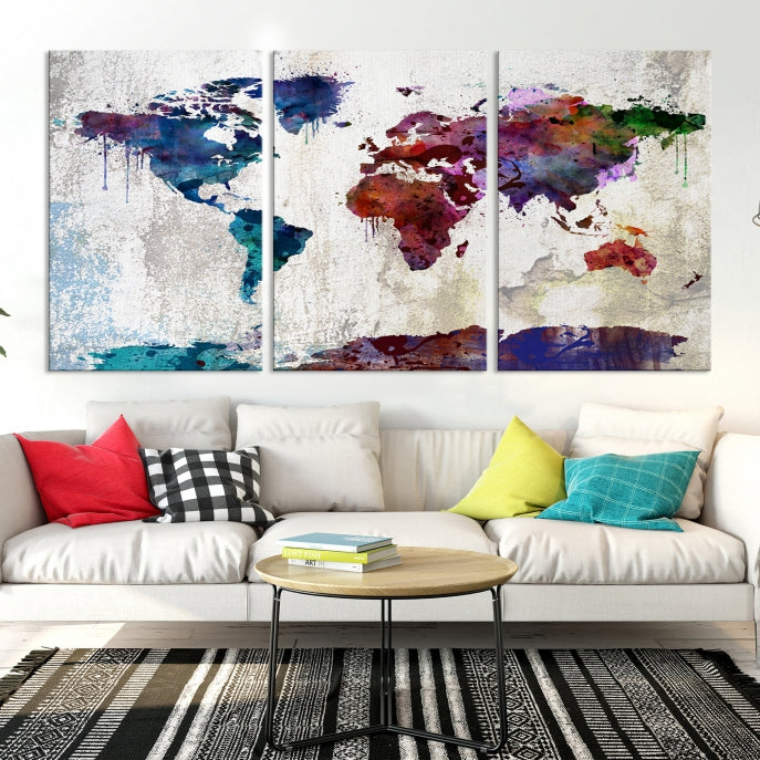 World Map with Antarctica Wall Art Print Framed Canvas Map Painting