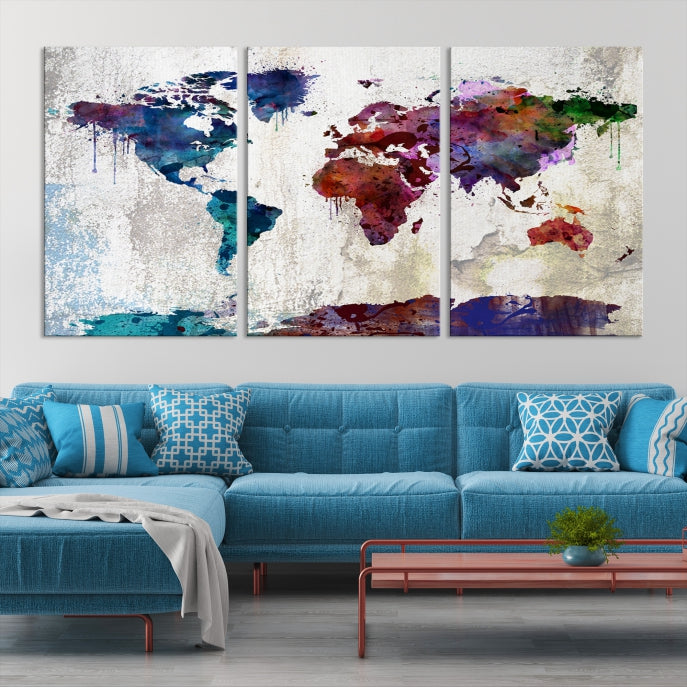 World Map with Antarctica Wall Art Print Framed Canvas Map Painting