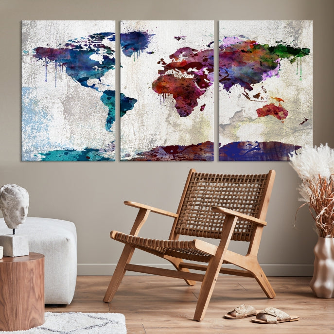 World Map with Antarctica Wall Art Print Framed Canvas Map Painting