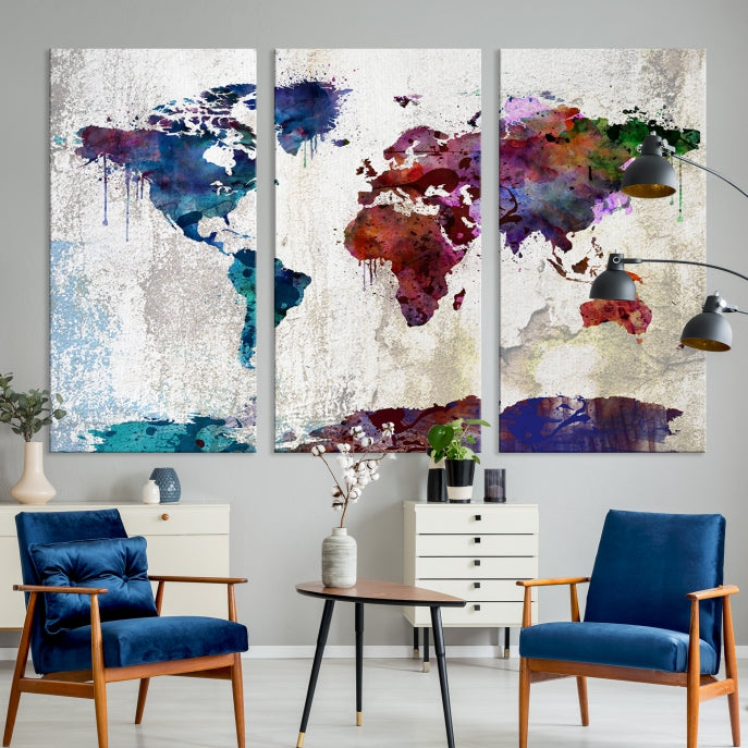 World Map with Antarctica Wall Art Print Framed Canvas Map Painting