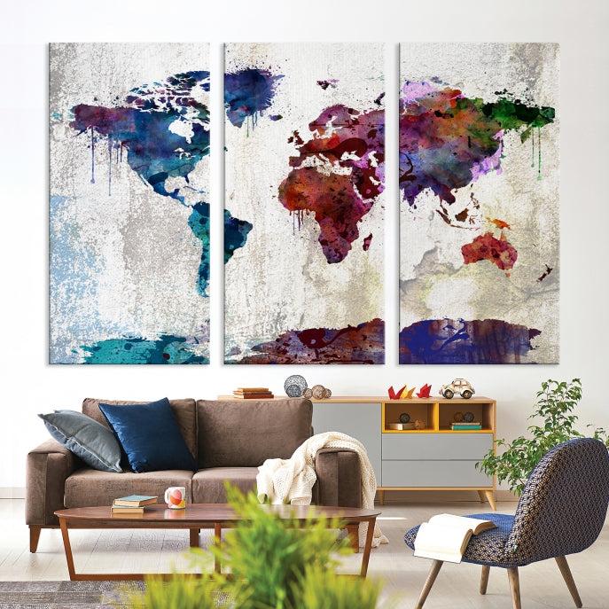 World Map with Antarctica Wall Art Print Framed Canvas Map Painting