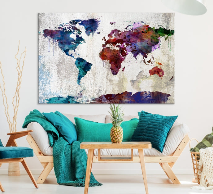 World Map with Antarctica Wall Art Print Framed Canvas Map Painting