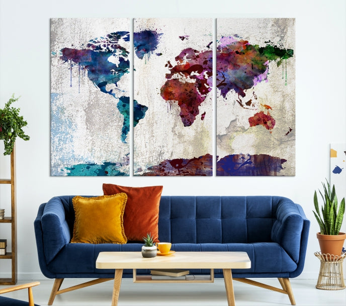 World Map with Antarctica Wall Art Print Framed Canvas Map Painting