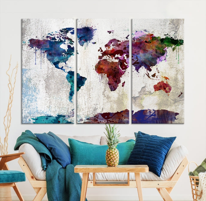 World Map with Antarctica Wall Art Print Framed Canvas Map Painting