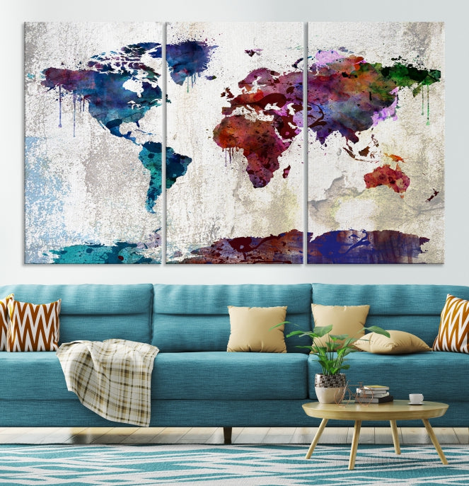 World Map with Antarctica Wall Art Print Framed Canvas Map Painting