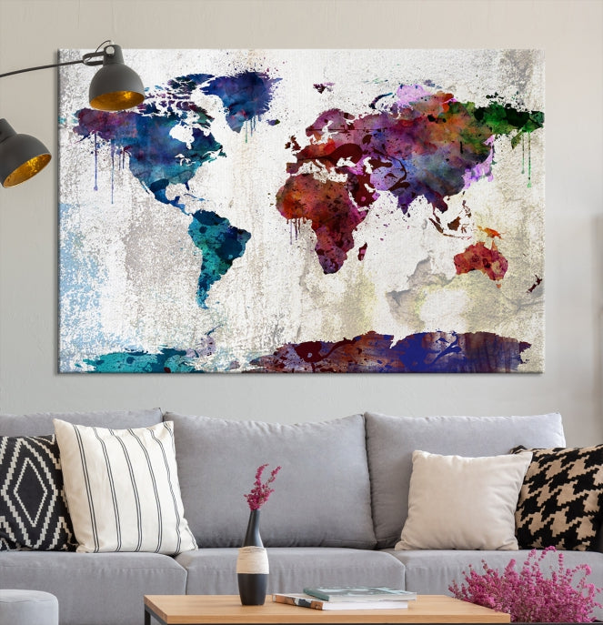 World Map with Antarctica Wall Art Print Framed Canvas Map Painting