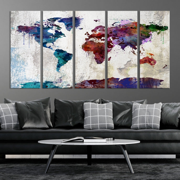 World Map with Antarctica Wall Art Print Framed Canvas Map Painting