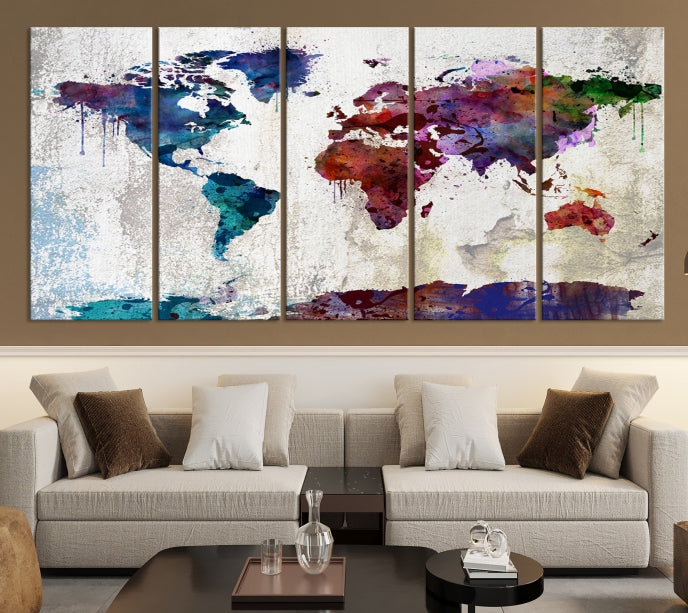 World Map with Antarctica Wall Art Print Framed Canvas Map Painting