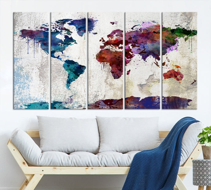 World Map with Antarctica Wall Art Print Framed Canvas Map Painting