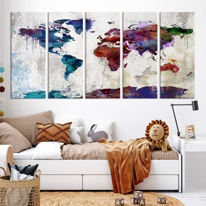 World Map with Antarctica Wall Art Print Framed Canvas Map Painting