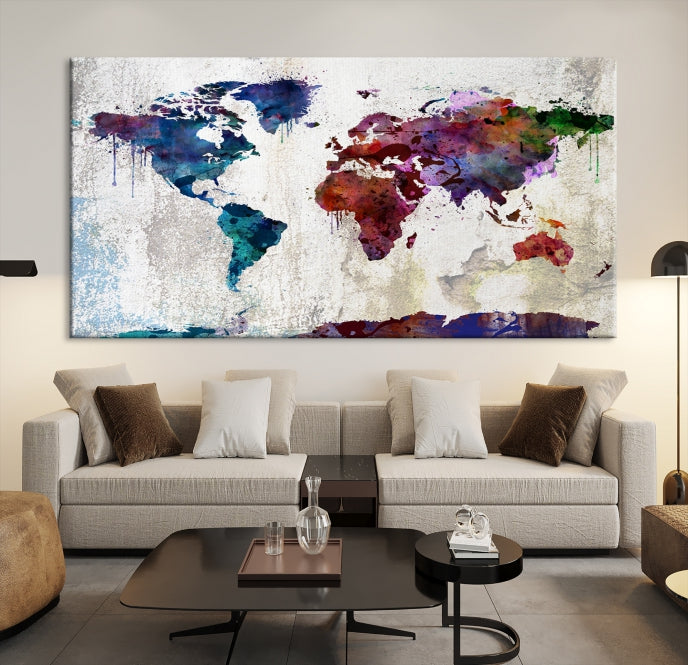 World Map with Antarctica Wall Art Print Framed Canvas Map Painting