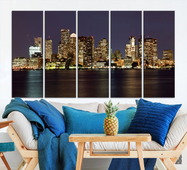 XLarge Boston City Skyline Wall Art Night Cityscape Canvas Print