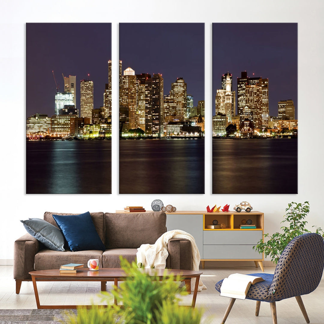 XLarge Boston City Skyline Wall Art Night Cityscape Canvas Print