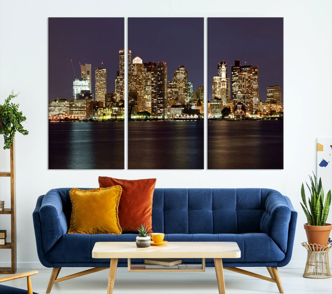 XLarge Boston City Skyline Wall Art Night Cityscape Canvas Print