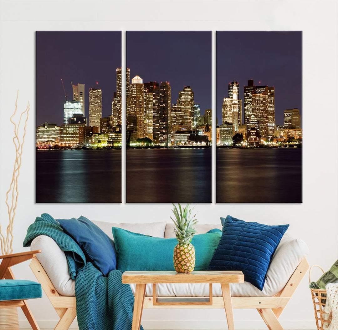 XLarge Boston City Skyline Wall Art Night Cityscape Canvas Print