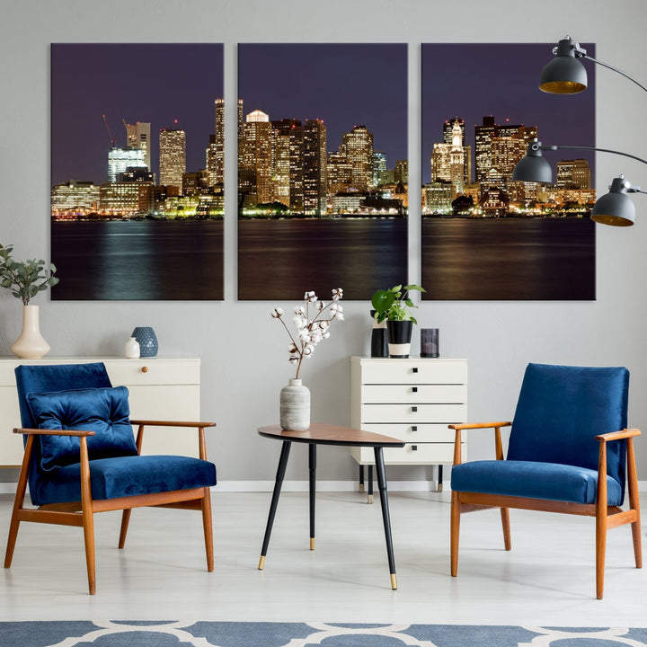 XLarge Boston City Skyline Wall Art Night Cityscape Canvas Print