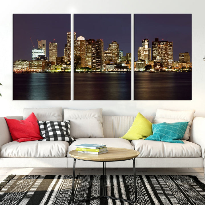 XLarge Boston City Skyline Wall Art Night Cityscape Canvas Print