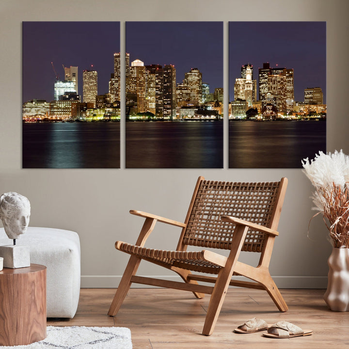 XLarge Boston City Skyline Wall Art Night Cityscape Canvas Print