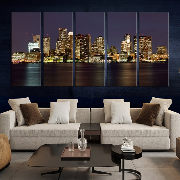 XLarge Boston City Skyline Wall Art Night Cityscape Canvas Print