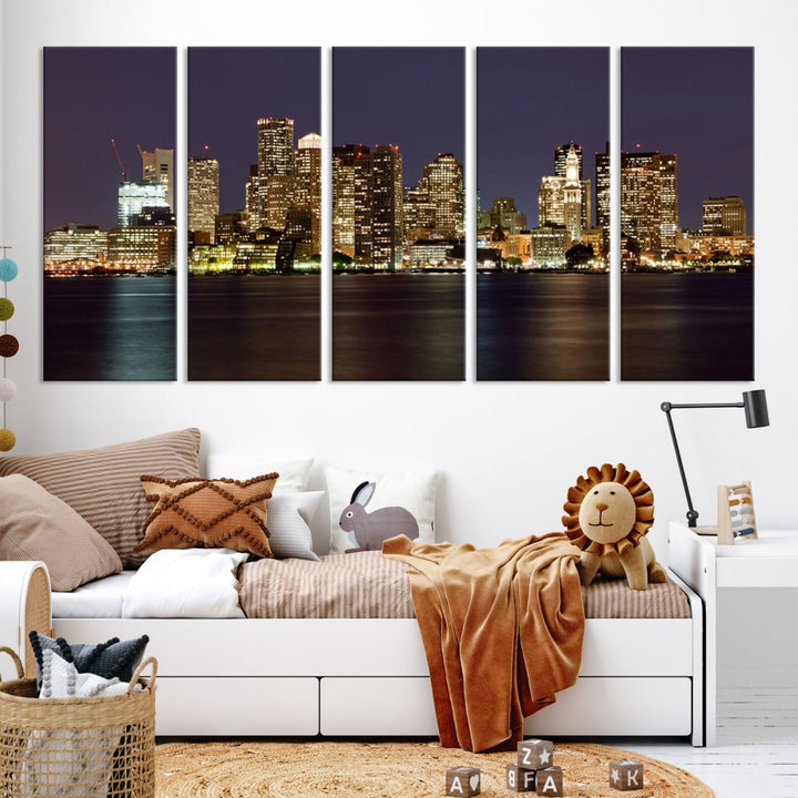 XLarge Boston City Skyline Wall Art Night Cityscape Canvas Print