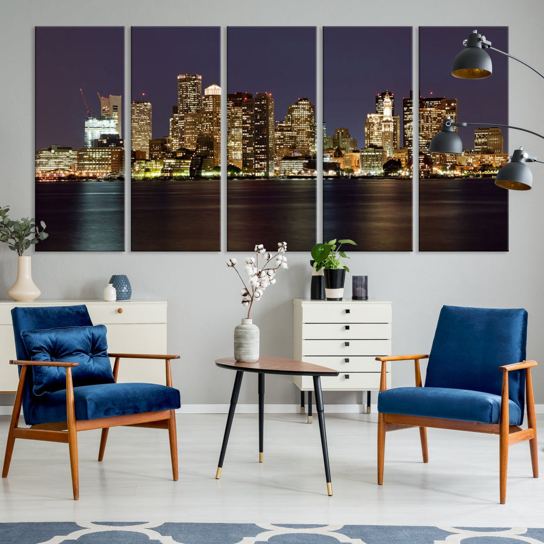 XLarge Boston City Skyline Wall Art Night Cityscape Canvas Print