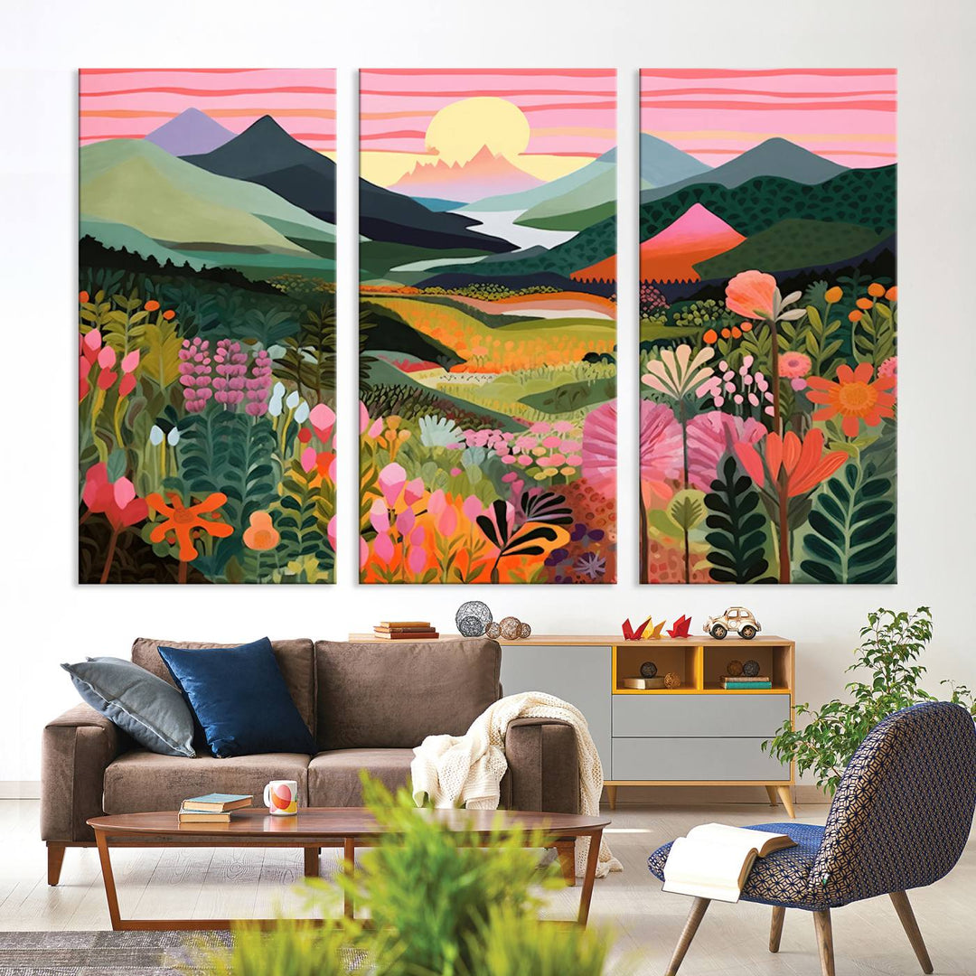 Yayoi Kusama Landscape Canvas Print, Vibrant Floral and Mountain Art, Whimsical Nature Decor, Sunset Scenery Artwork, Ideal for Modern Home