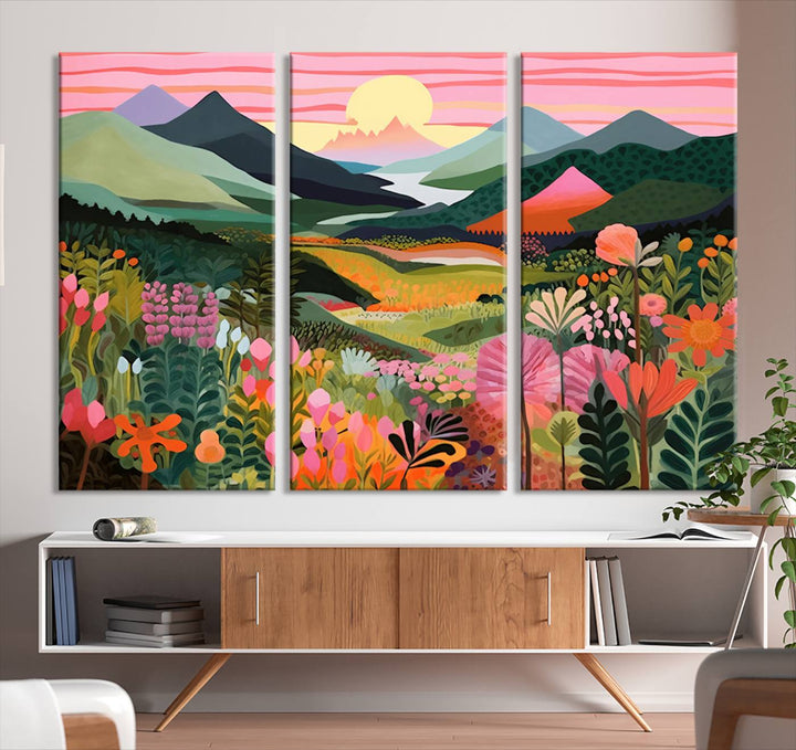 Yayoi Kusama Landscape Canvas Print, Vibrant Floral and Mountain Art, Whimsical Nature Decor, Sunset Scenery Artwork, Ideal for Modern Home