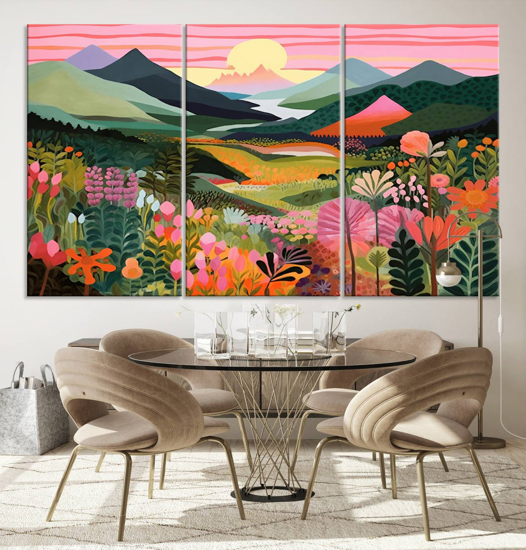 Yayoi Kusama Landscape Canvas Print, Vibrant Floral and Mountain Art, Whimsical Nature Decor, Sunset Scenery Artwork, Ideal for Modern Home