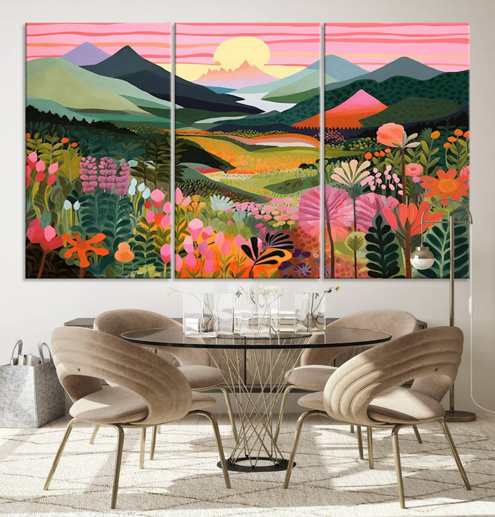 Yayoi Kusama Landscape Canvas Print, Vibrant Floral and Mountain Art, Whimsical Nature Decor, Sunset Scenery Artwork, Ideal for Modern Home